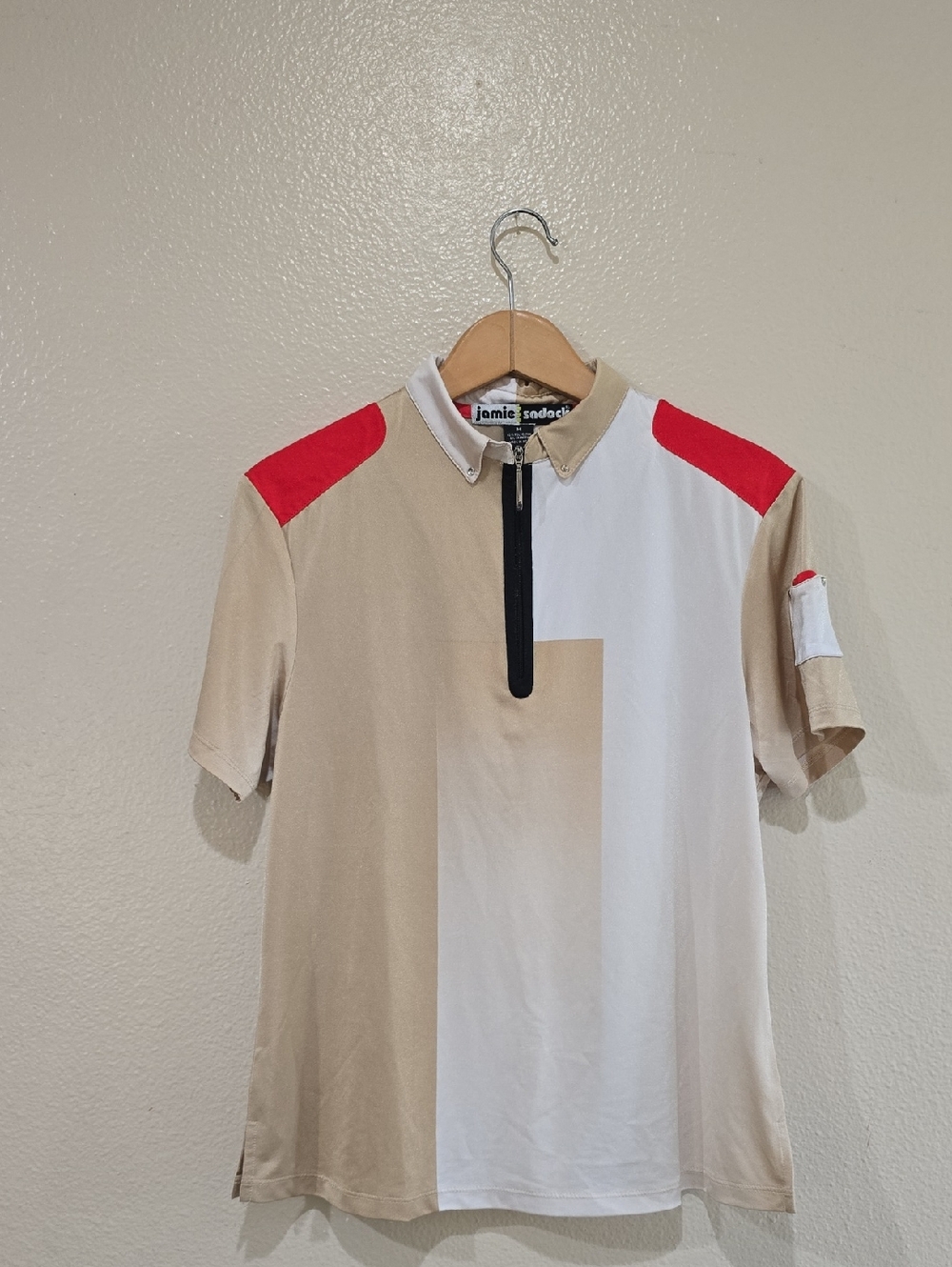 🌾 jamie sadock Beige, White & Red Colorblock Zip Polo